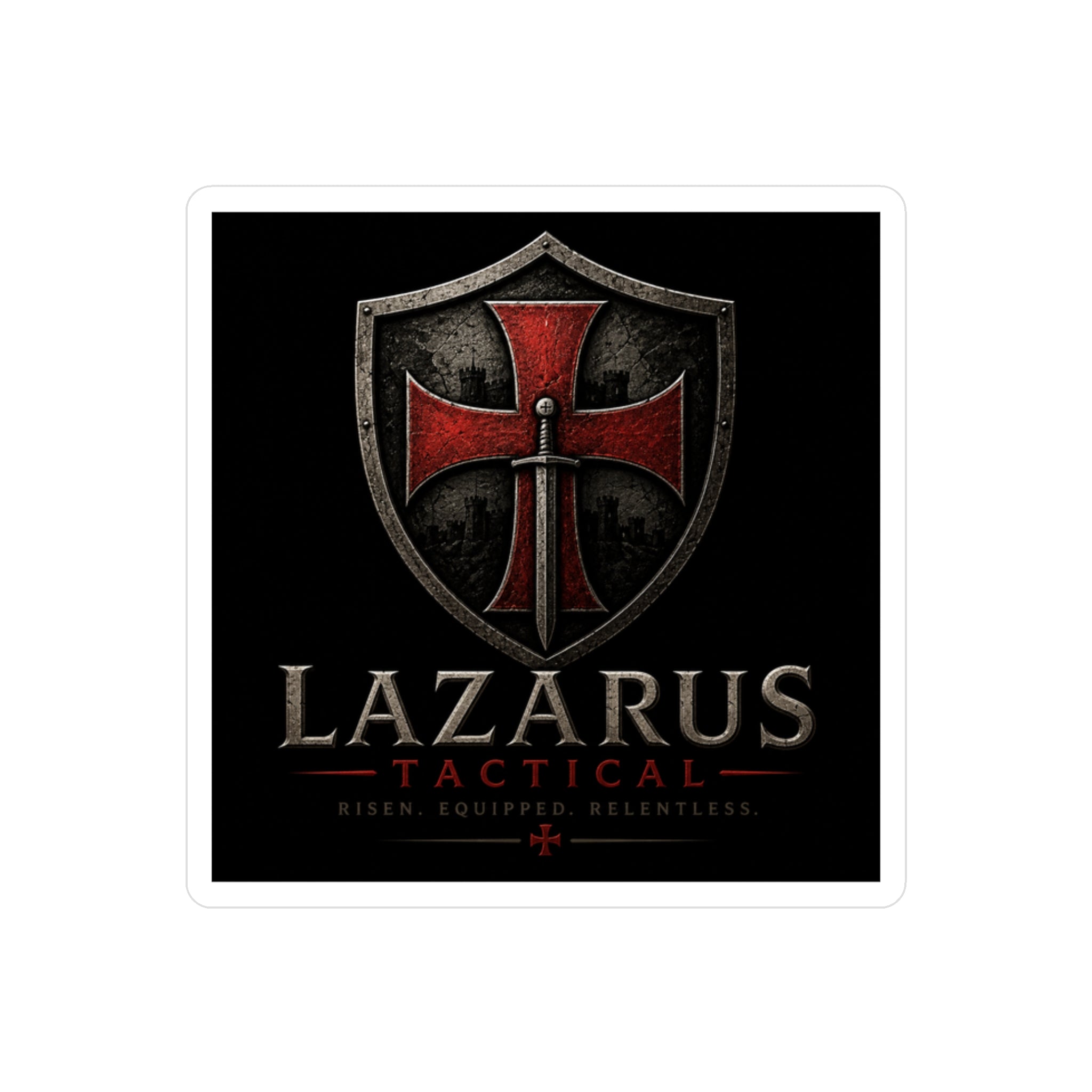 Lazarus Tactical Vinyl Decal — Shield & Cross Kiss-Cut Sticker